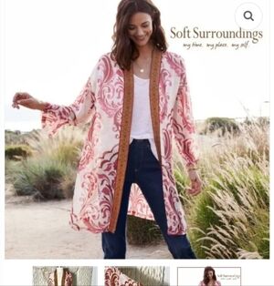 Soft Surroundings Jakarta Open-Front Kimono Chiffon Embroidered Size L/XL Womens